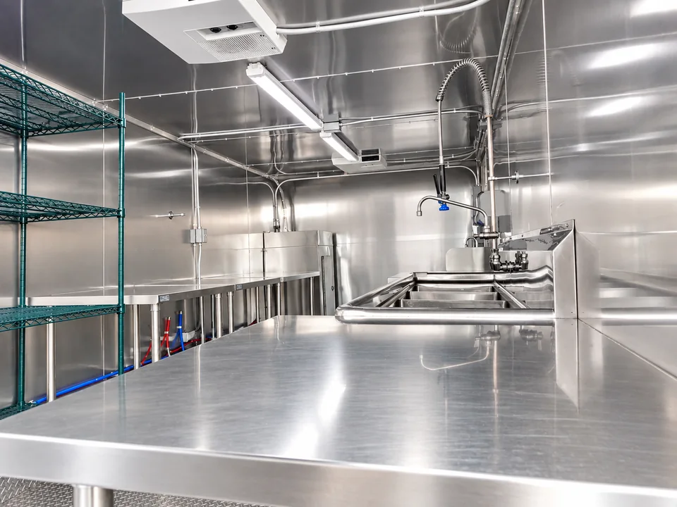 22-26ft Low Temp Dish Trailer (Tier 1-4): Commercial dish trailer stainless workstation