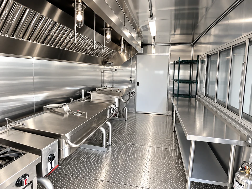 40 ft bulk kitchen trailer rental: 40ft Bulk Kitchen: Temporary commercial kitchen trailer tilting skillets prep area